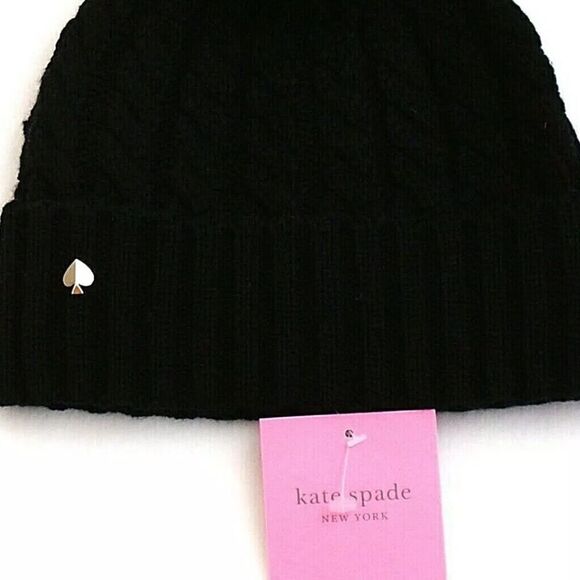 ♠️ Kate Spade Cable Knit Pom Pom Beanie Hat Black One Size MSRP $58.00 NWT